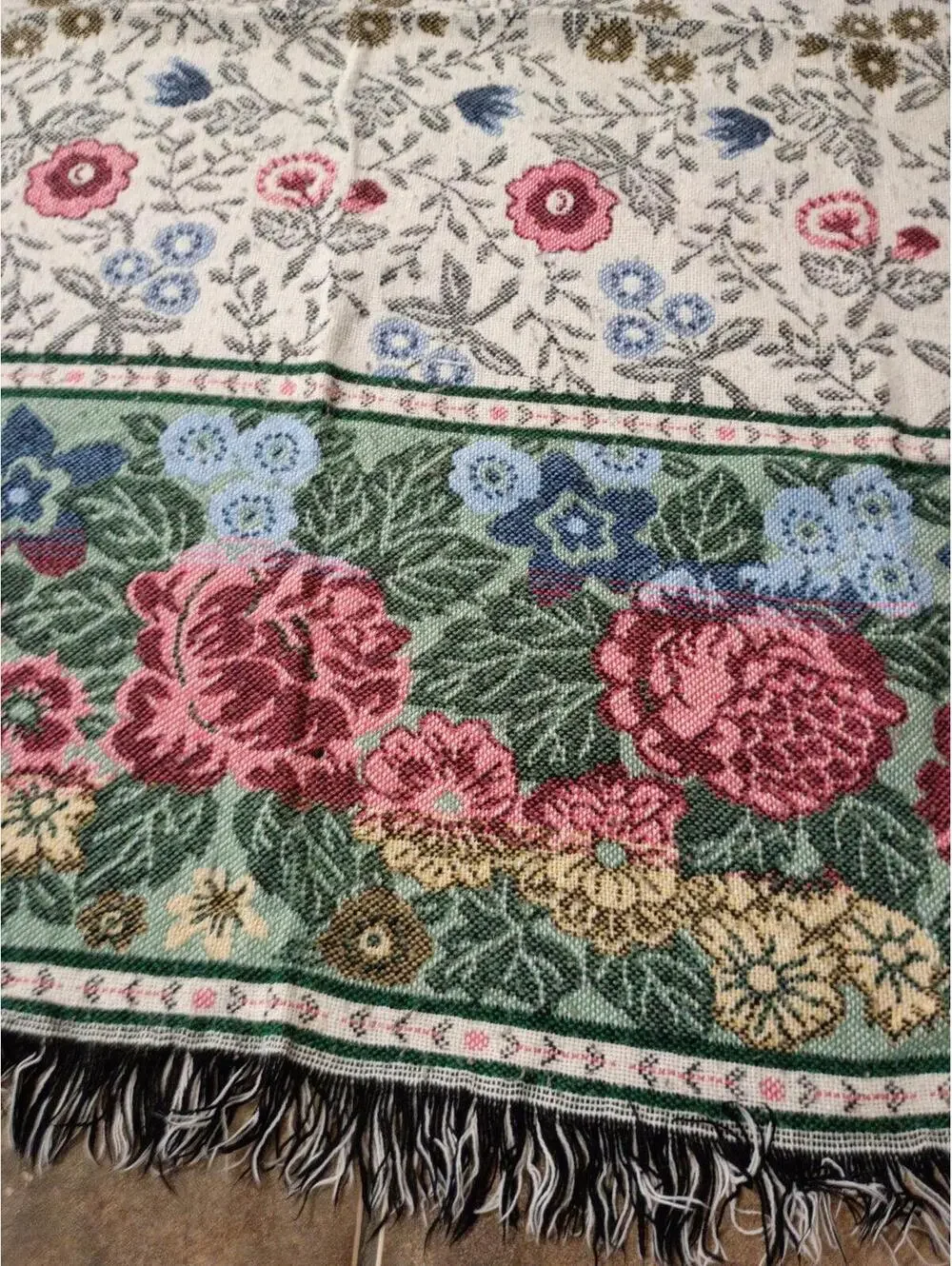 Vintage Floral Woven Tapestry Throw Blanket with Fringe